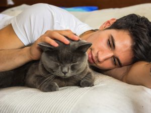 Man petting cat's head while laying down together.